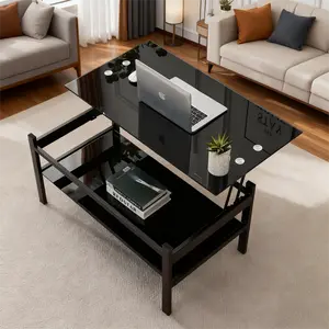 Glass Lift Top Coffee Table, Modern Simple 2-Layer Tempered Glass Coffee Table for Living Room, Black