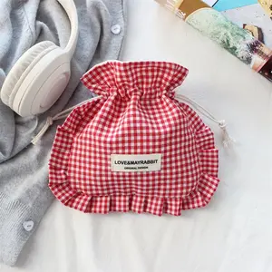 Style Korean Cute Ruffled Drawstring Bag, Retro Plaid Large Capacity Makeup Pouch, Portable Brush Organizer for Women and Girls