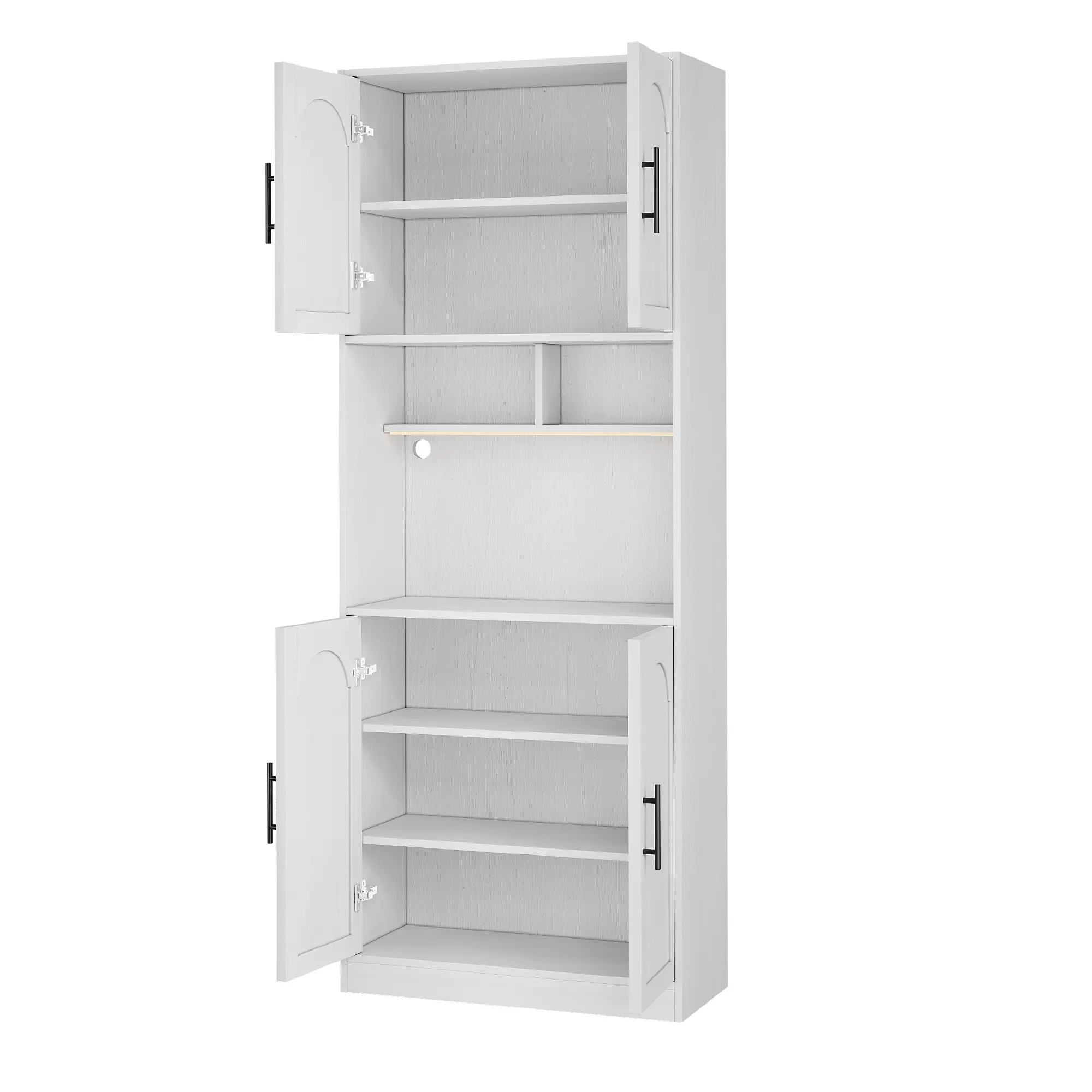 71" Tall Kitchen Pantry Cabinet with LED Lights Farmhouse Kitchen Storage Cabinet with 4 Doors and Open Shelves Reversible Coffee Bar Cabinet Stand Microwave Stand Cupboard Tower Utility Storage Organizer for Dining Room White