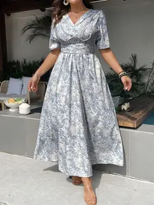 Plus Size Elegant Dress, V-Neck Design with Adjustable Waist Belt, Summer Floral Pattern, Short Sleeves, A-Line Cut, Perfect for Weddings and Vacations, Lady Womenswear