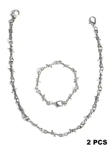 Punk Gothic Zinc Alloy Metal Spike Chain Necklace Bracelet Set, Unisex Jewelry, Bold Statement Accessory, Perfect for Edgy, Chain Detailing