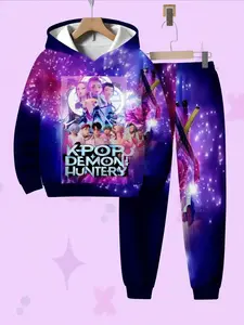 Girls' 3D Print Witch Squad Hooded Fitted Sweatshirt Set, Outdoor Casual Wear, Breathable Polyester Fabric, Spring & Fall Fashion Outfit