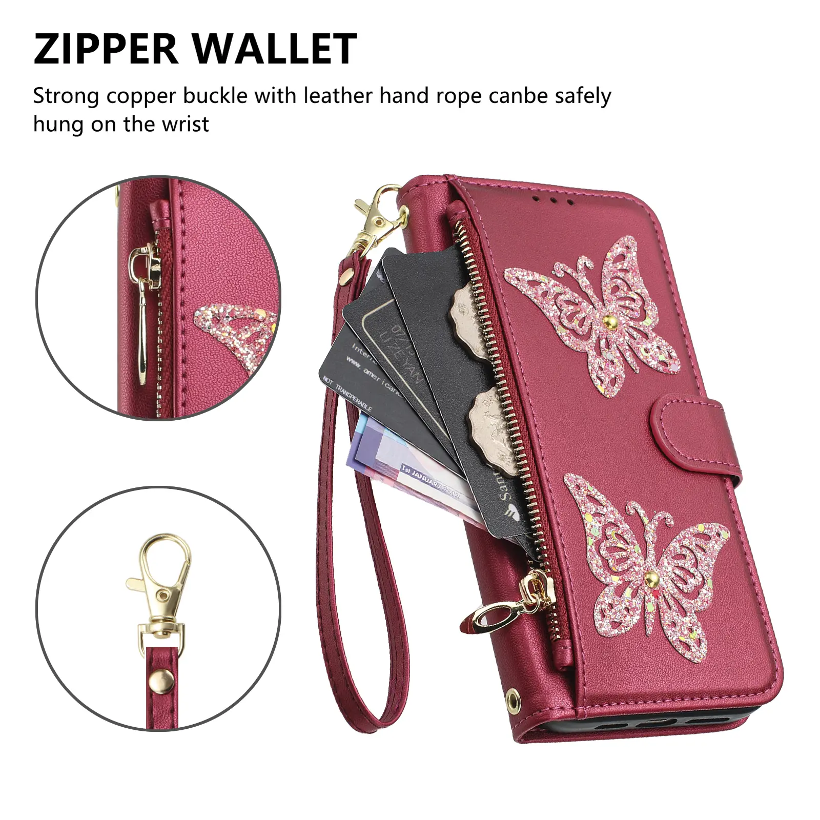 Luxury Glitter Butterfly Zipper Leather Bag Phone Case For Samsung Galaxy S26/S25/S24/S23/S22/S21 Ultra Plus Samsung Mobile Phone Accessories Goddess Style Gift for Mom,summerwins#DealsForYouDays