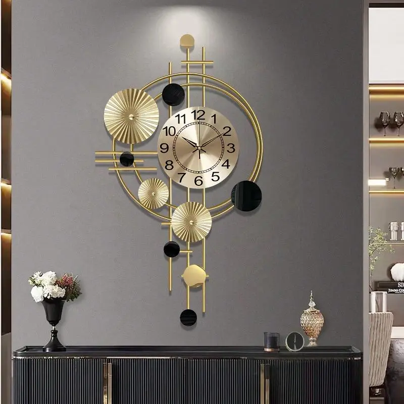 Large Metal Wall Clock Decorative 3D Art for Living Room & Bedroom Silent No-Ticking 30.7x17.7 Inch Handcrafted Chrome Gold Finish Modern Home Decor Handicraft Traditional Hanging