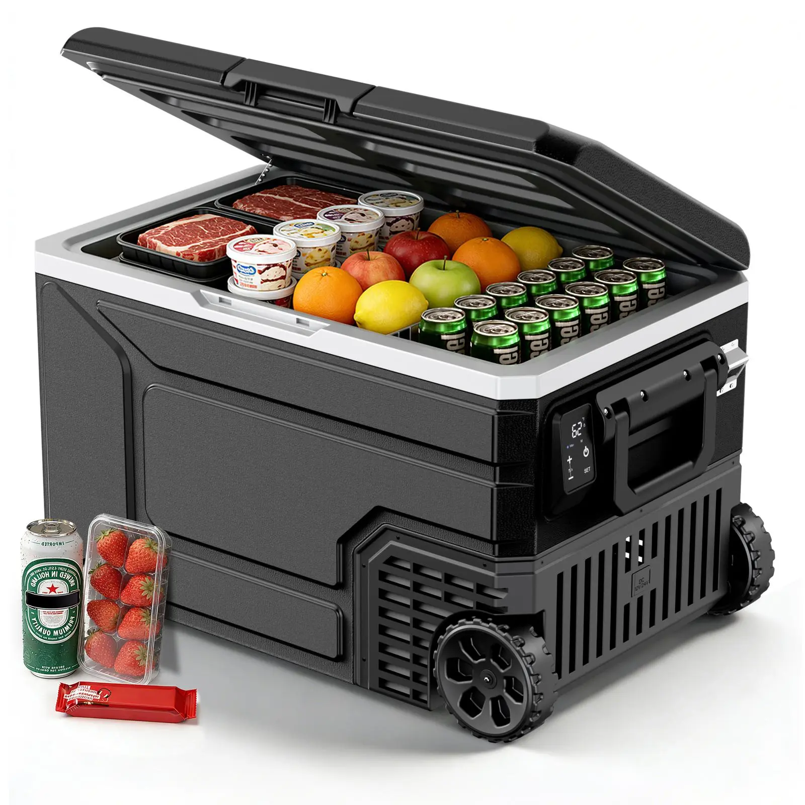 12V Portable Compressor Refrigerator - 42/53/68QT Dual-Voltage 12V/24V DC Insulated Ice Box with Bottom Drainage Hole, -4°F to 68°F Camping Gear for Car, Home (Black)
