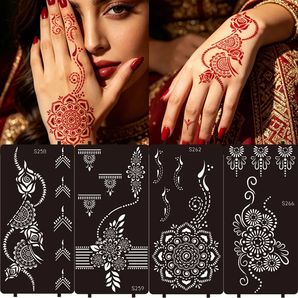 4-Pack Reusable Mandala Floral Henna Temporary Tattoo Stickers, Body Fake Tattoos, Self-Adhesive Nail Art Tattoos, Henna Stencil Body Art Templates for Weddings and Parties