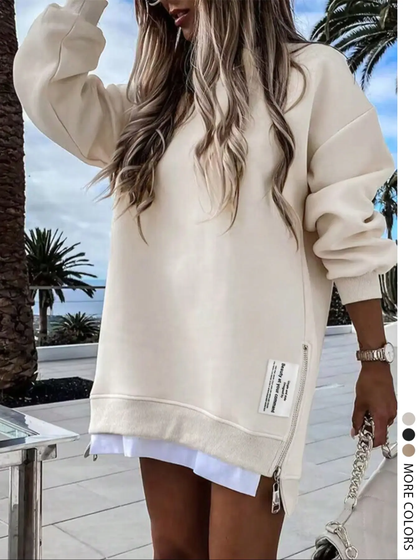 LovelyWholesale Women's Colorblock Long Sleeve Pullover, Casual Comfortable Loose-Fit Side-Zip Design Sweatshirt for Fall & Winter