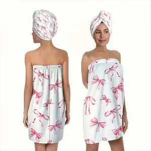 2pcs, fashionable pink bow-knot style printed pattern bath skirt and hair dry towel, 100% polyester fiber, soft, adult home bath skirt and hair dry hat set, Hair Turban Towel, suitable for bathroom, sauna SPA and salon wrapping, Valentine's Day gift