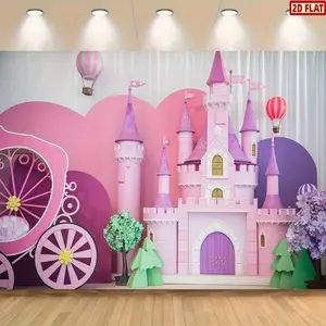 2D Flat Banner, 1pc Princess Castle Party Backdrop - Pink & Purple Floral Design with Hot Air Balloons & Whimsical Details, Polyester Banner for Birthday, Wedding, and Holiday Decorations, Princess Party Decorat, Party Decoration Supplies