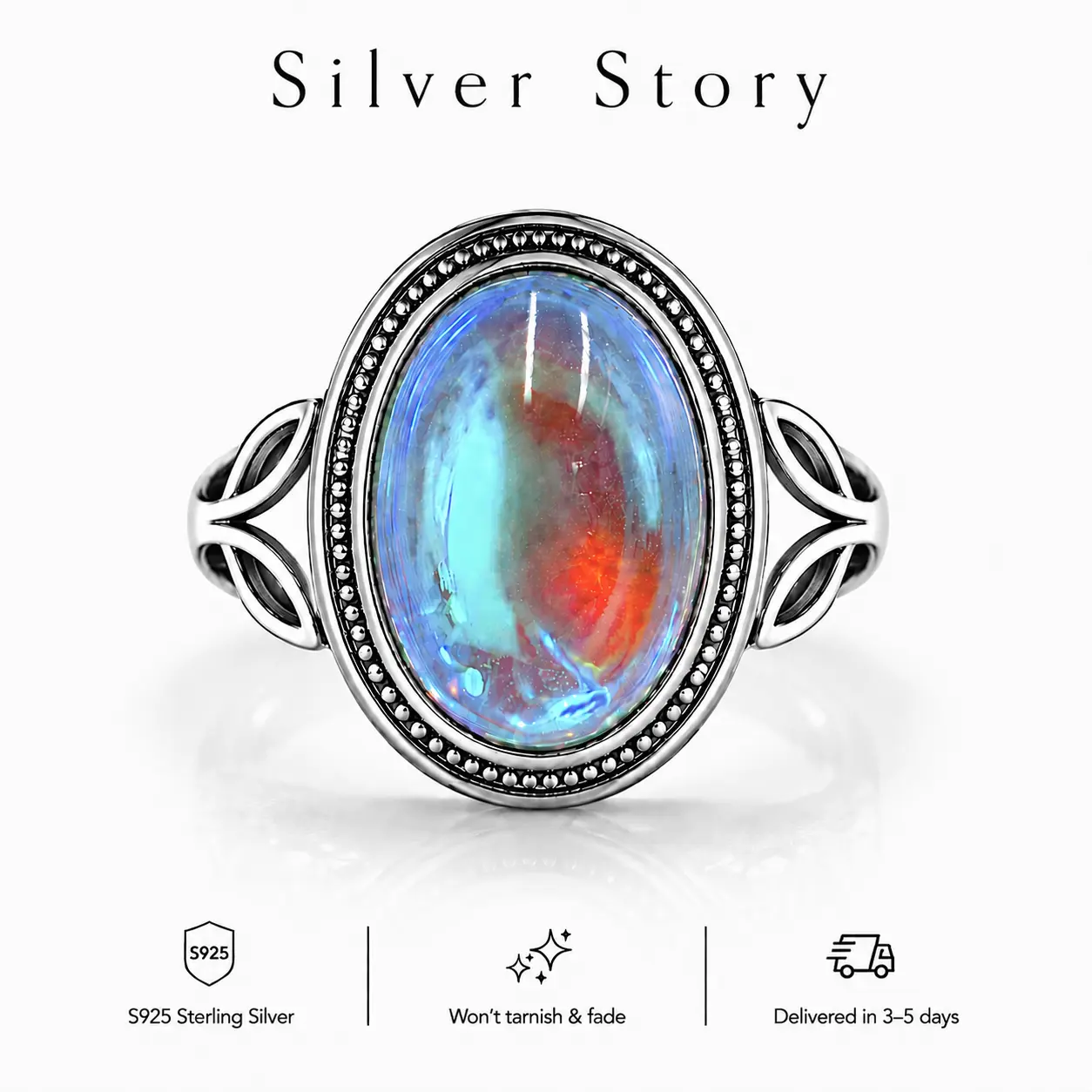 Moonstone Ring for Women, 925 Silver Iridescent Gemstone Ring, New Beginnings Symbolic Jewelry, Vintage Oval Statement Ring, Hypoallergenic, Sizes 6-10, Spiritual Gift for Her