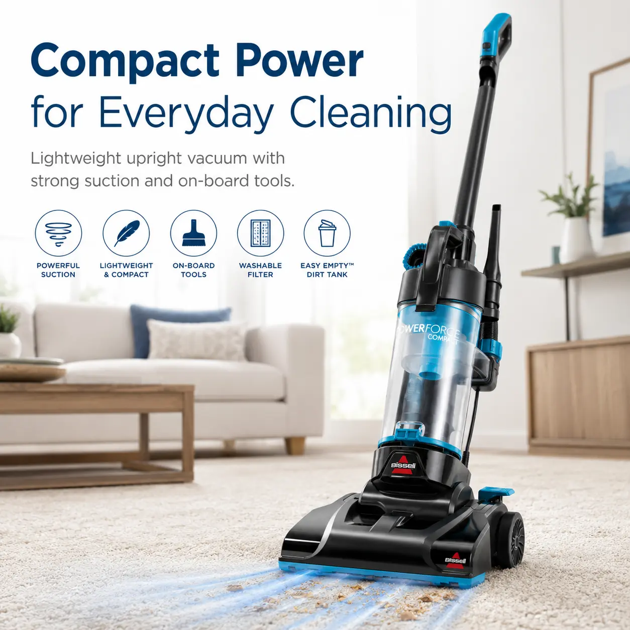 BISSELL PowerForce Compact Lightweight Upright Vacuum Cleaner, Bagless Vacuum with Washable Filter, Crevice Tool, Dusting Brush & Extension Wand for Carpet and Hard Floor