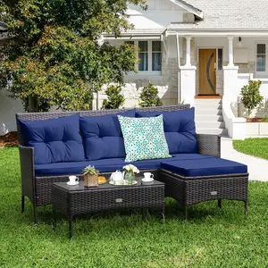 COSTWAY 3 Pieces Patio Conversation Set, Outdoor PE Rattan Wicker Furniture Set W/Cozy Cushions, All Weather Sectional Sofa Set W/Tempered Glass Coffee Table & Ottoman for Poolside, Backyard, Garden