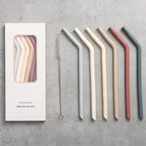 Reusable Silicone Straws - Bendy Drinking Straw with Cleaning Brush - Collapsible and Bendable Travel Straw for Kids - Dishwasher Safe, Food-Safe - Set of 6 (Oak Multi)