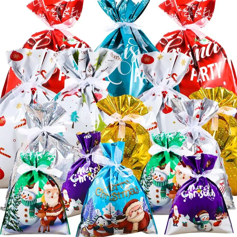18-Piece Christmas Drawstring Gift Wrap Bags - Assorted Sizes Foil Santa Sacks with Ribbon Ties, 5 Sizes, 18 Designs, Festive Goody Pouches for Xmas Presents & Party Favors (Home & Festive Decor Supplies), 18 Pieces