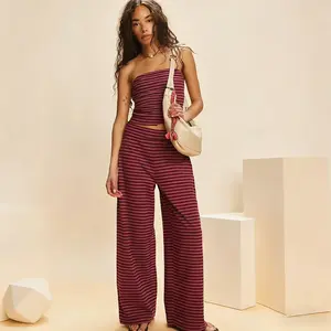 Women's striped printed crop top and wide leg pants set, street fashion casual two-piece set, suitable for daily wear, women's summer clothes, cute summer home clothesRAIMENTRY