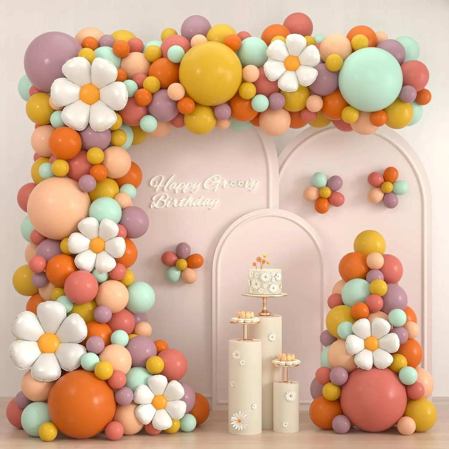 Retro Boho Daisy Balloon Garland Arch Kit, 180Pcs Groovy Balloon Arch With Daisy Balloons For Boho Daisy Groovy Hippie Theme Birthday Baby Shower Bridal Shower Party Decorations