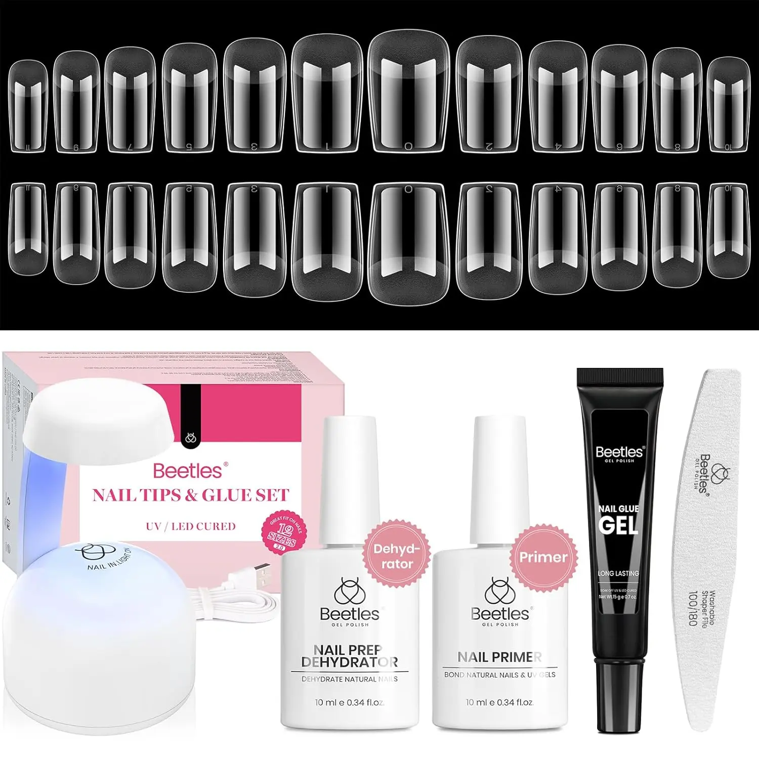 [Beetles] Etch-X Nail Art Kit - 288-576PCcs with Half Matte Tips with Primer Dehydrator Glue Mini UV Lamp All-in-One DIY Manicure Set | Gift for Women