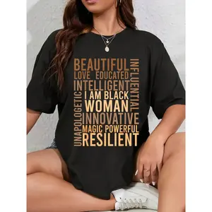 Women's Plus Size Fitted T-Shirt - Black History Month Cultural Celebration Top, African Clothes with Smart Educated Design, Round Neck, Short Sleeve, Machine Washable, Casual Summer-Vibe Womenswear (as photos)