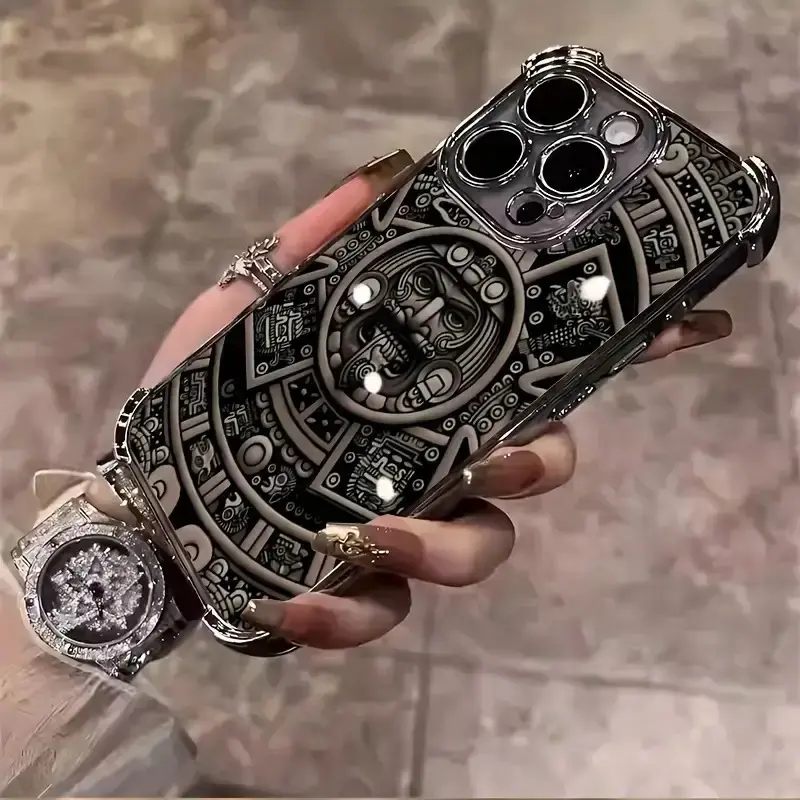 Tribal Aztec Calendar Sunstone Detail Electroplated Flexible TPU Phone Case for iPhone 16/15/14/13/12 Pro/Plus/Max, Shockproof Anti-Drop 4-Corner Transparent Daily Wear-Resistant Soft Protective Accessory, Summerwins Gift