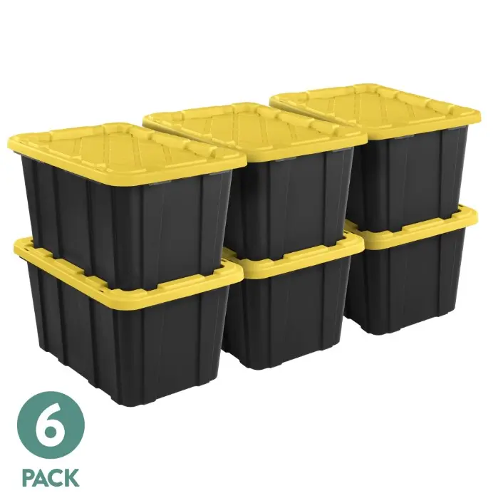 Sterilite Large Storage Bin, 27 Gallon Durable Plastic Storage Tote with Snap-On Lid, Black and Yellow, 6 Pack