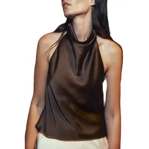 Women Satin Halter Backless Tank Tops High Mock Neck Backless Cami Sexy Open Back Camisole Y2k Going Out Tops Crop Top