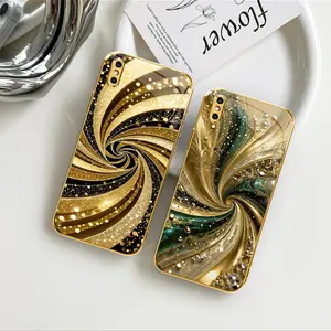 Luxury Gold-Plated Edge Smartphone Casing - Liquid Swirl Glitter Glass Cover, Cellphone Protection Accessories for iPhone XS Max-975