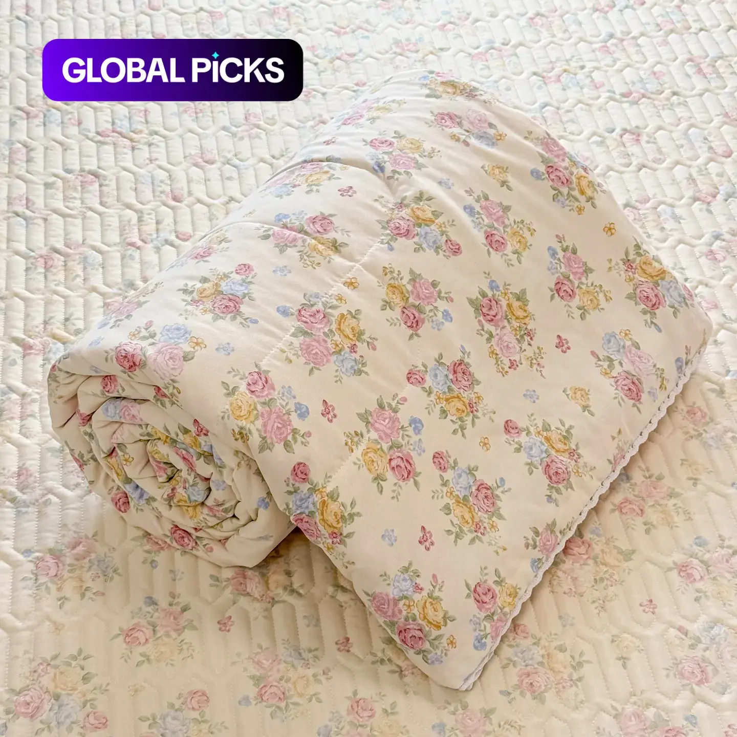 French Vintage-Style Summer Floral Print Quilt With Lace Trim, Soft Breathable Lightweight Printed Summer Blanket For Bedroom and Living Room, Home Relaxation, Printed Quilts #GLOBAL PICKS