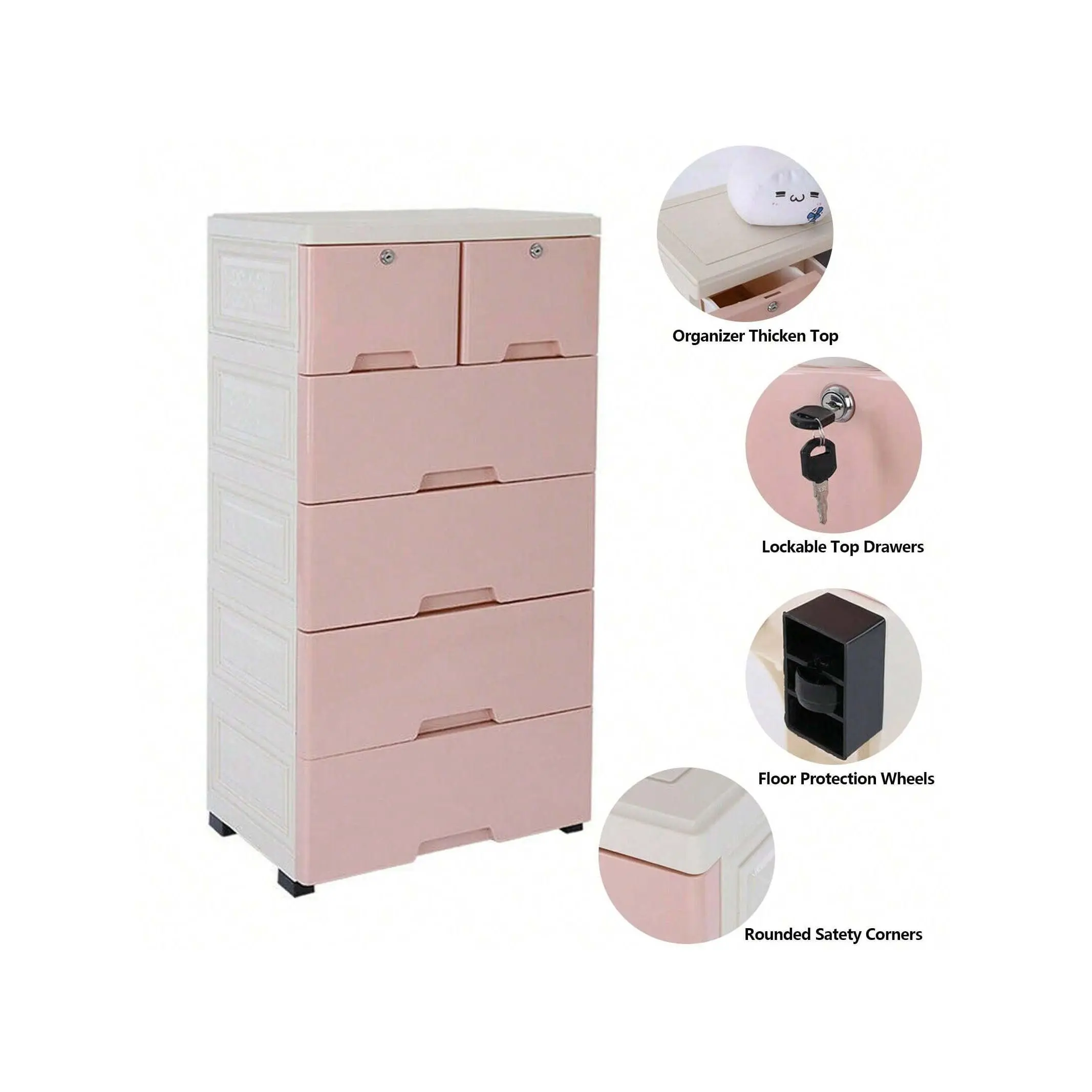 New 2024  Plastic Dresser Storage Cabinet With 6 Drawers Small Closet Tall Organizer Vertical Tower For Clothes Toys Playroom Bedroom Furniture Blue Pink