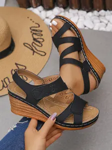 Women's Durable Hollow Out Velcro Round Toe Retro Style Casual Shoes, Summer Strappy Sandals for Daily Commute and Shopping