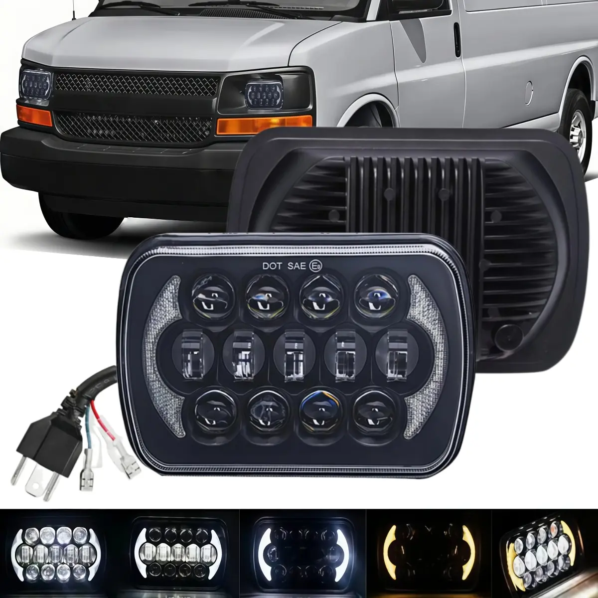 For Chevy Express 1500 2500 3500 Astro Cargo Truck Van 2PCS Rectangle H6054 LED Left & Right Headlights 5x7 7x6 Headlamp Hi/Low Sealed Beam DRL H4 Plug 6054 H5054 - 1 Pair, Vehicle Accessories, Gmc Accessories, Chevy Truck Accessory