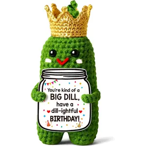 Emotional Support Pickle Funny Birthday Gift for Women Men - Handmade Crochet Pickle Gag Gift Desk Decor, Cute Happy Birthday Card Decorations for Best Friend, Coworker, Mom, Dad