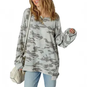 Women's Camouflage Print Exposed Seam Drop Shoulder Oversize Loose Fit Sweatshirt Full Size Range for Regular & Plus Size