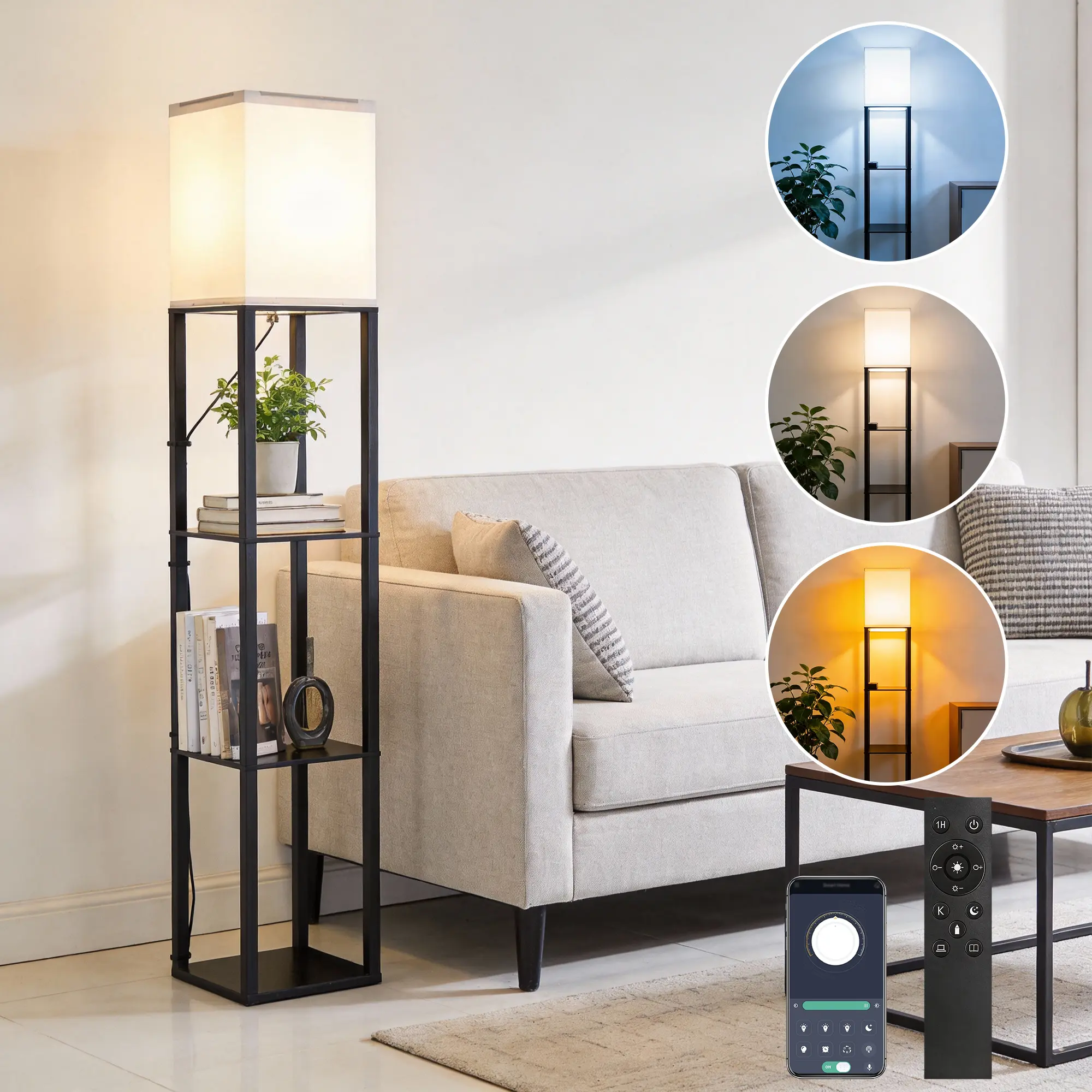 Homechoose Black Fabric Dimmable LED Floor Lamp with Shelves - Remote/App Control, Decoration Lamp, Warm White Color-Changing Temps, 1USB, 1 Type-C Port, 1 AC Outlet, Standing Corner Bookshelf for Living Room, Bedroom
