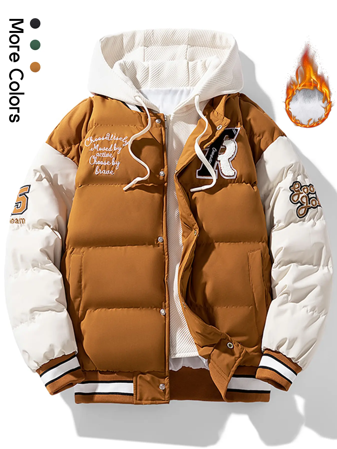 Men's Vintage Letterman Varsity Jacket Winter Fleece Warm Colorblock Hooded Baseball Coat Outerwear Streetwear