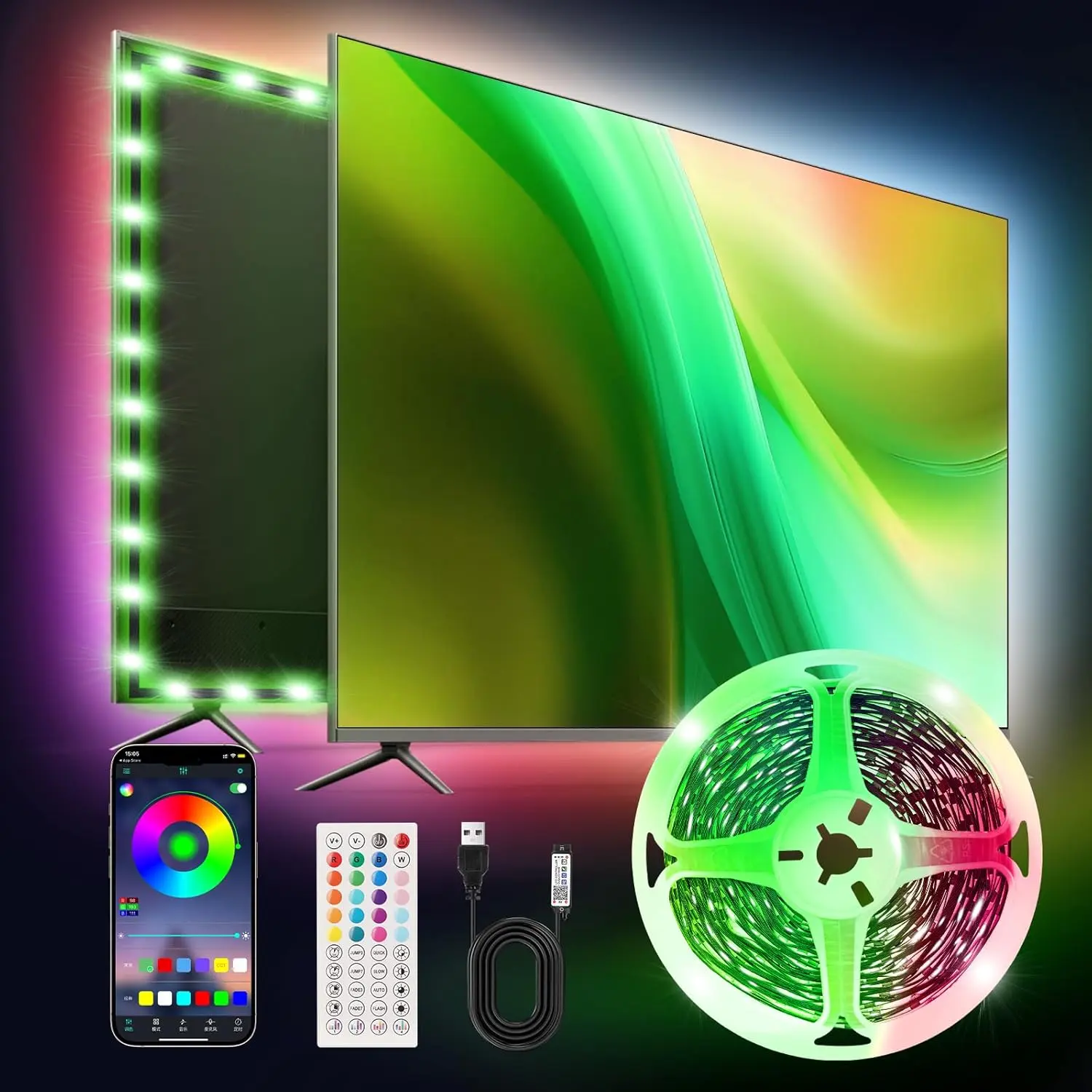 RGB LED TV Backlight Strip - 6.56ft Adjustable Dynamic RGB Lighting, Music Sync Customizable Colorful LED Lights, Remote & App Control, USB Powered for 32-40in TVs, Gaming Monitors, Adjustable Rgb Lighting