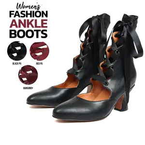 Fashion Boots For Women Ankle Boot Pointed Toe Block Heel Lace Up Back Zipper Gladiator Boot Fashion Retro Chic Party Date Festival Dress Concert Cosplay Trendy Ghillie Pumps Gothic Booties
