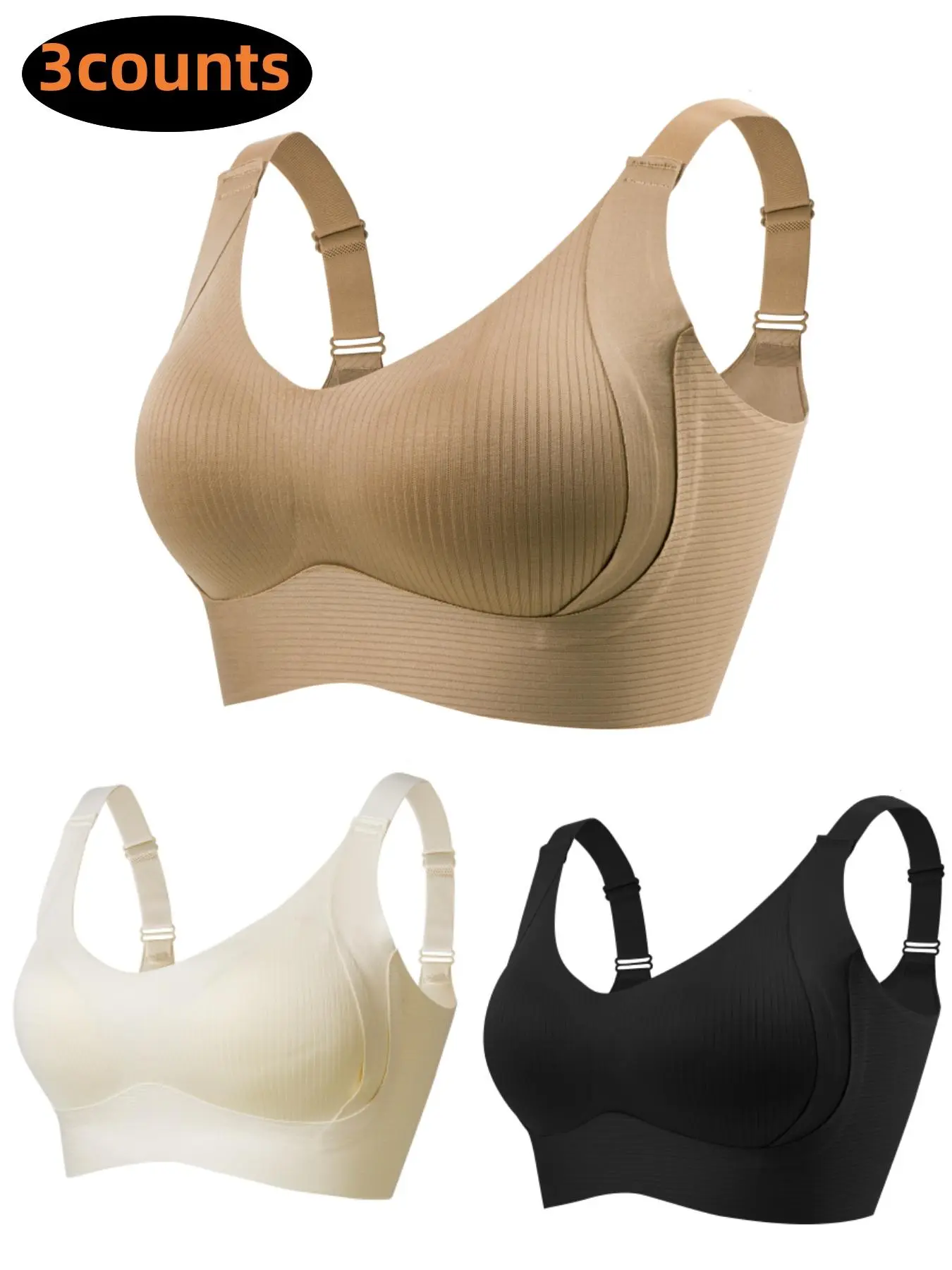 Women's Solid Four-breasted Adjustable Wireless Bra, Soft Comfortable Breathable Ribbed Push Up Seamless Bra, Women's Lingerie Underwear for All Seasons
