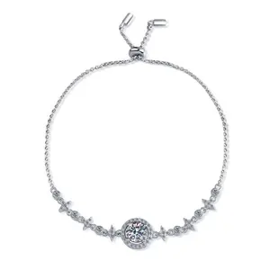 Round Cut Clear Cubic Zirconia Bracelet for Women Adjustable Pull Chain Crystal CZ Bangle Minimalist Tarnish Resistant Everyday Stackable Jewelry Gift for Her