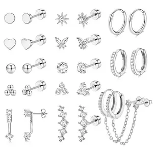 26Pcs Hypoallergenic Flat Back Earrings Set – Surgical Steel & 14K Gold Small Hoop Huggie Earrings, Cartilage Stud, Dangle Chain Earrings for Multiple Piercing, Trendy Jewelry for Women