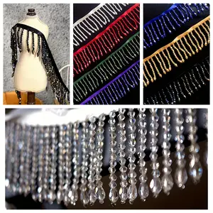 Crystal Pendant Beaded Fringe Trim, DIY Clothing Stage Costume Home Curtain Craft Decoration Material Hanging Decor, Tassels Pendant Decor