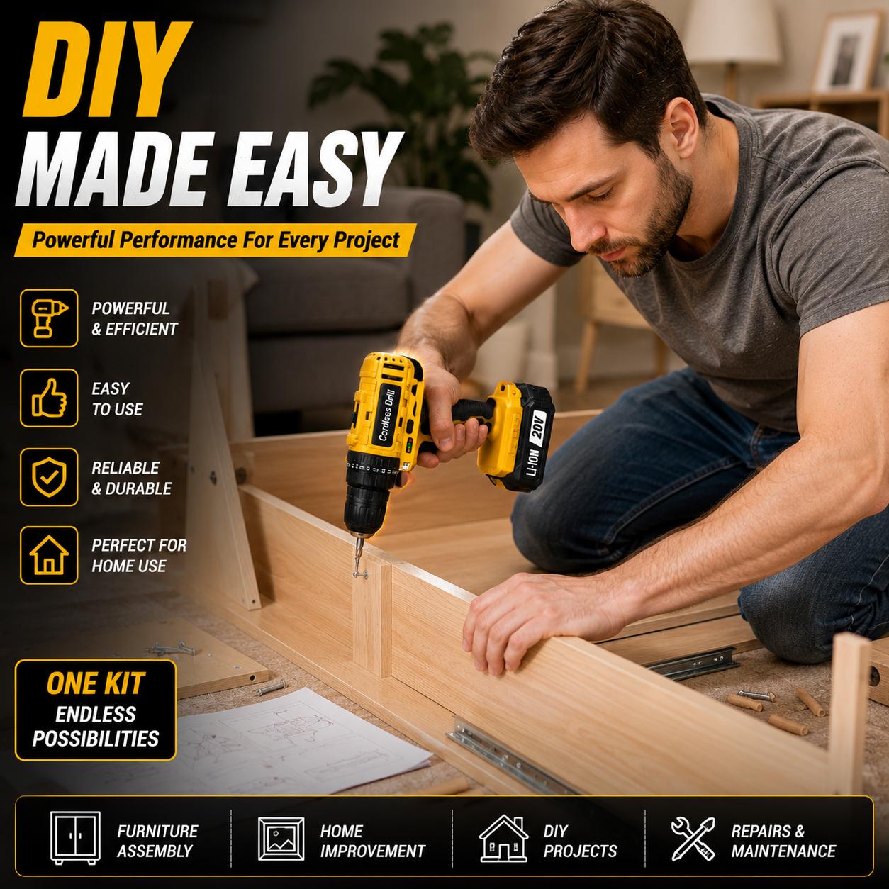 Cordless High-Torque Impact Drill  20V Cordless Drill Set 136PCS Tool Kit with 2 Batteries, Drill Bits, Screwdriver Set & Storage Case for Home DIY Repair Compact