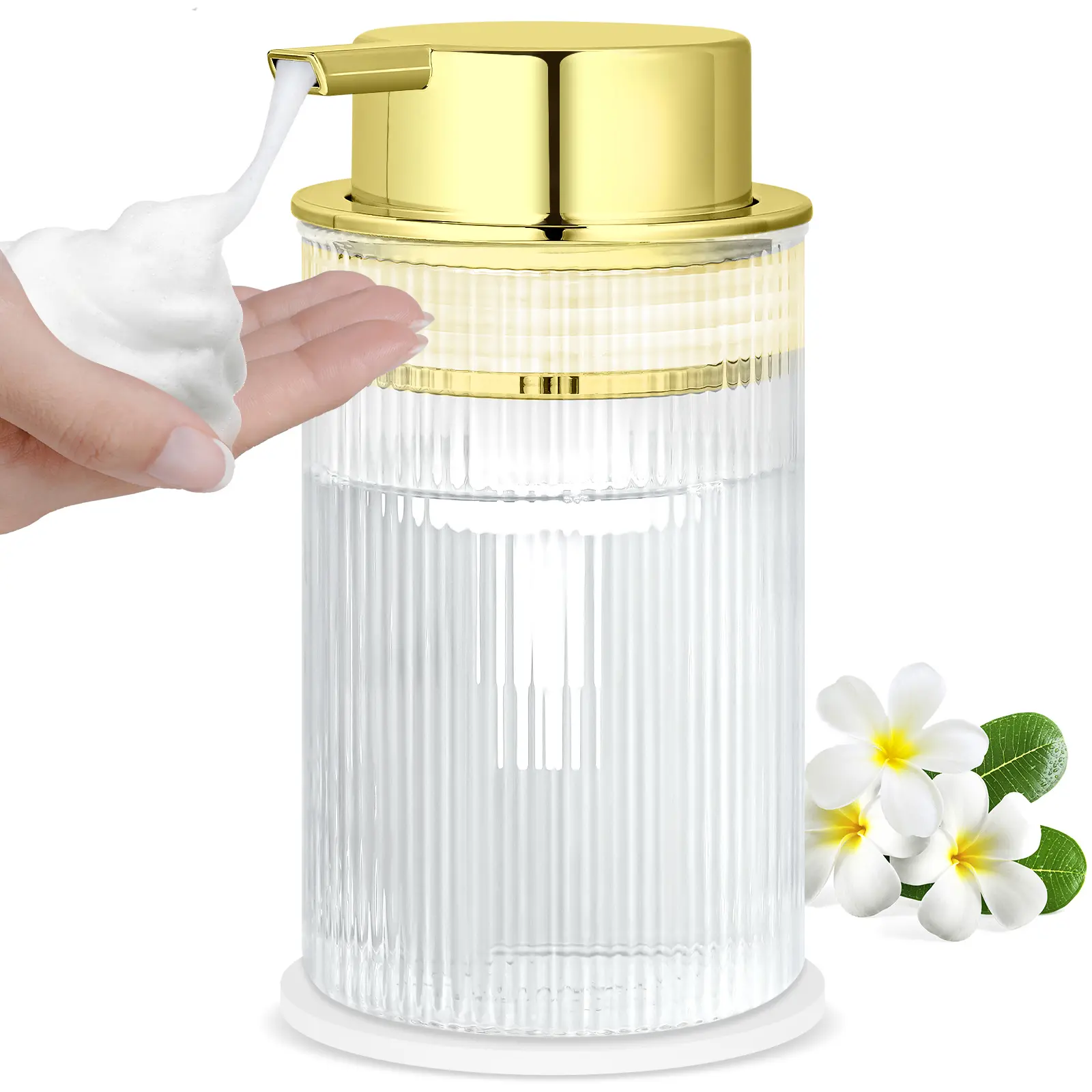 NiHome 14oz Transparent Vertical Stripe Sturdy Glass Soap Dispenser with Pump - Countertop Soap Container, Gentle Foam Clean High-Capacity Press Bottle for Commercial/Residential Bathroom Supplies, 400Ml