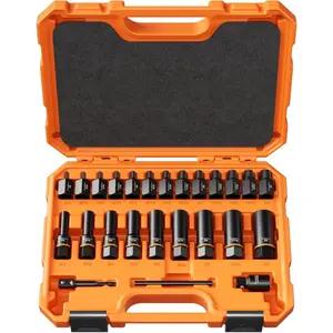 25 count Bolt Extractor Kit, 3/8" Drive Screw & Nut Remover Set, Deep Socket for Stripped, Rusted, Broken , Includes Adapter, Extension Bar, Knockout Pin