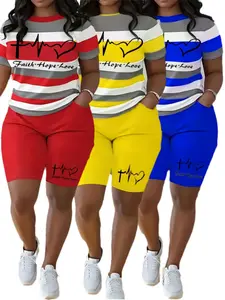 2 Piece Plus Size Striped Printed Round Neck Short Sleeve Top and Shorts Set Plus Size Athletic Two Piece, Women's Athletic Casual Wear