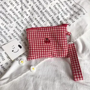 Cute Red Gingham Mini Pouch with Cherry Embroidery Wristlet Bag