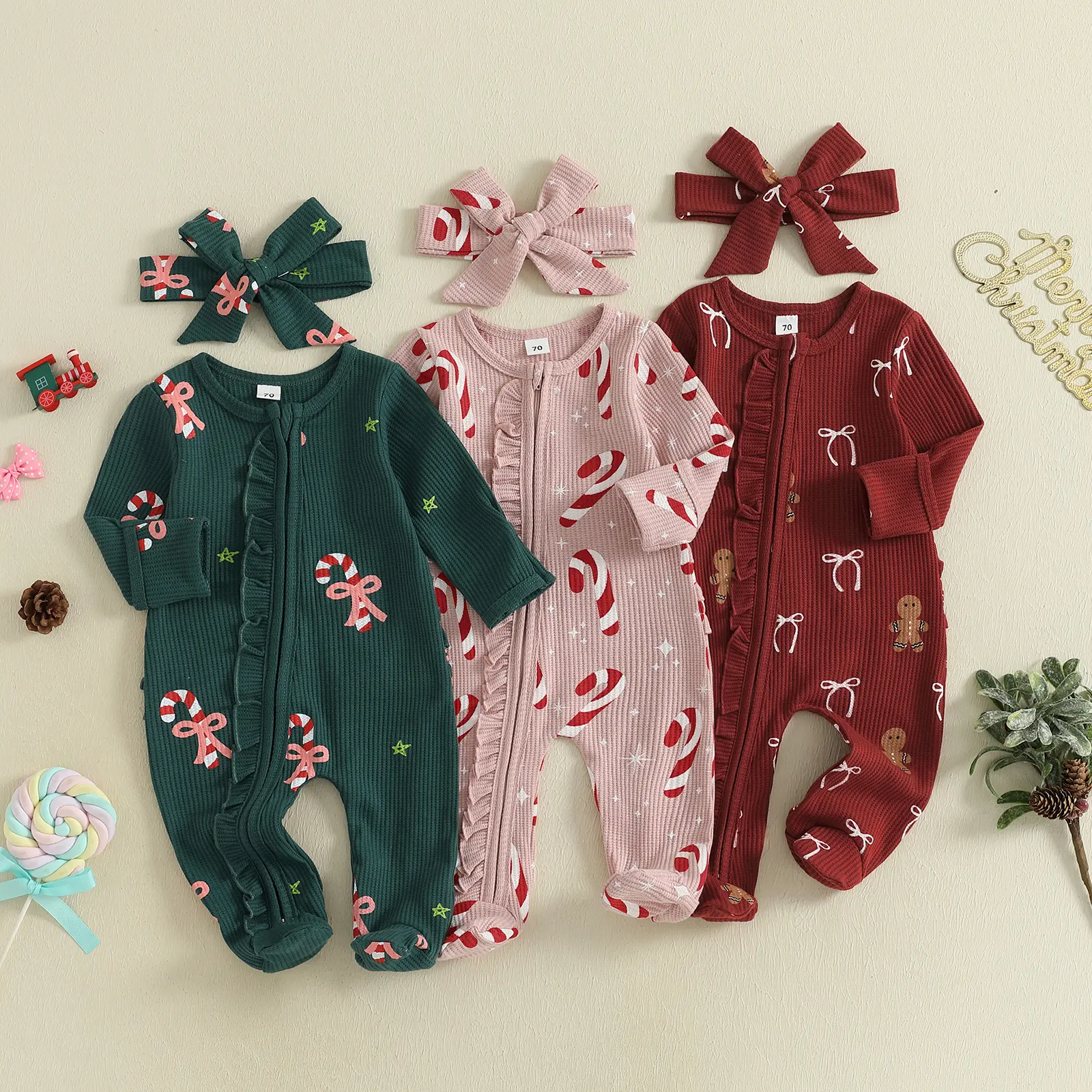 Babamoon My First Christmas Infant Baby Girls Jumpsuit Waffle Knit Long Sleeve Gingerbread Bow Print Ruffle Trim Footed Romper with Headband