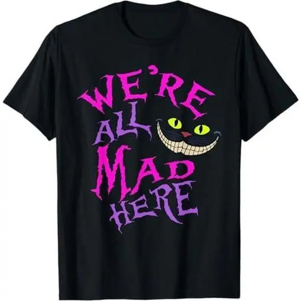 Men's Casual Short-Sleeve Streetwear T-Shirt - Cat With Mysterious Smile, "We're All Mad Here" Wonderland Top