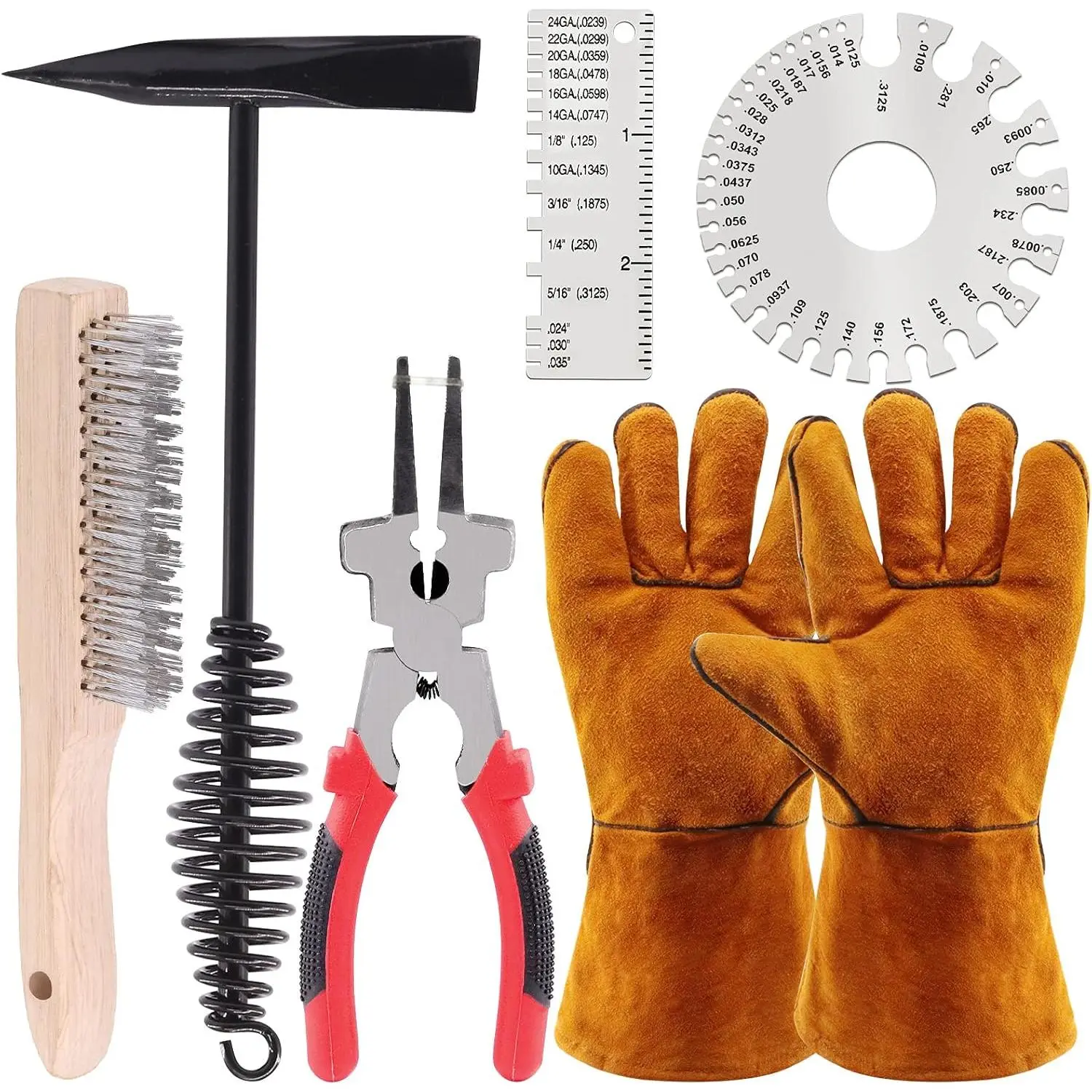 Unisex 7-Pieces Welding Slag Removal Tool Kit for Welders - 10 inches Vibration Reduc Coil Spring Handle Chipping Hammer, 10 inches Welding Plier, Wire Brush, 2 Stainless Steel 0-36 American Standard Thickness Gauges for Camping, Slag Cleaning