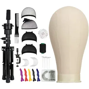 22 Inch Canvas Block  Mannequin Wig , Wig Stand Tripod with , Mannequin  Wig Display Styling , Manikin Block  Set for Wigs Making Display with Wig Caps, T+C Pins Set&Brush