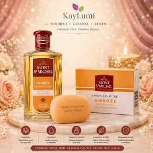 Mont St Michel Ambree Authentique Eau de Cologne 250 ml Gift Bundle with Soap - Unisex French Perfume with Amber, Hesperides Notes, Aromatic Amberwood Fragrance